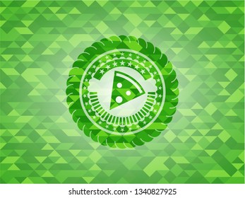 pizza slice icon inside green emblem with triangle mosaic background