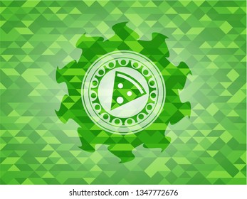 pizza slice icon inside green emblem. Mosaic background