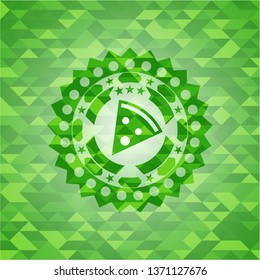 pizza slice icon inside green emblem with mosaic ecological style background