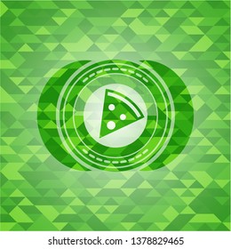 pizza slice icon inside green emblem with mosaic background