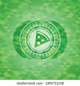 pizza slice icon inside green emblem with mosaic ecological style background