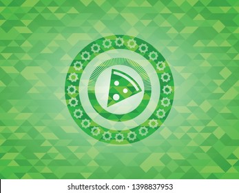pizza slice icon inside green mosaic emblem