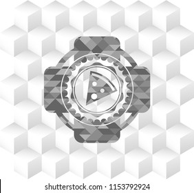 pizza slice icon inside grey badge with geometric cube white background