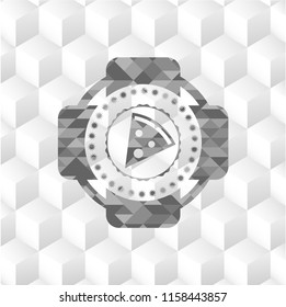 pizza slice icon inside grey emblem with cube white background