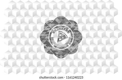 pizza slice icon inside grey emblem with geometric cube white background