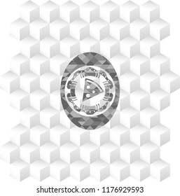 pizza slice icon inside grey icon or emblem with geometric cube white background