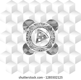 pizza slice icon inside grey icon or emblem with geometric cube white background