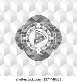 pizza slice icon inside grey emblem with geometric cube white background