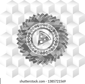 pizza slice icon inside grey emblem. Retro with geometric cube white background
