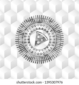 pizza slice icon inside grey icon or emblem with geometric cube white background