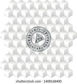 pizza slice icon inside grey emblem. Vintage with geometric cube white background