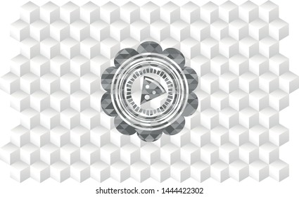 pizza slice icon inside grey emblem. Vintage with geometric cube white background