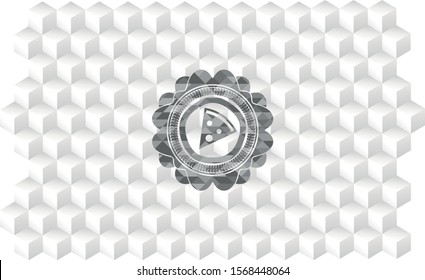 pizza slice icon inside grey emblem. Retro with geometric cube white background