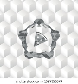 pizza slice icon inside grey badge with geometric cube white background