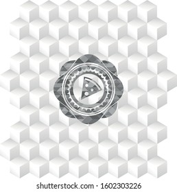 pizza slice icon inside grey emblem. Vintage with geometric cube white background
