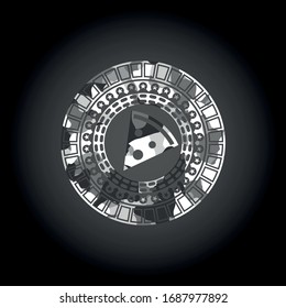 pizza slice icon inside grey camouflaged emblem
