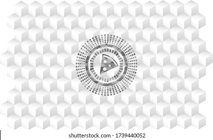 pizza slice icon inside grey emblem with cube white background. 