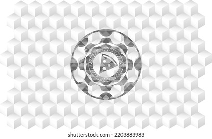 pizza slice icon inside grey badge with geometric cube white background. 