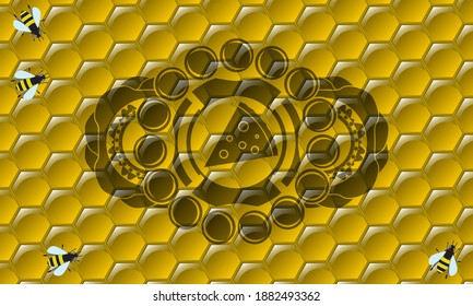 pizza slice icon inside honey badge. beekeeping graceful background. Intense illustration. 