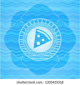pizza slice icon inside light blue water wave style badge.