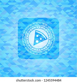 pizza slice icon inside light blue emblem. Mosaic background