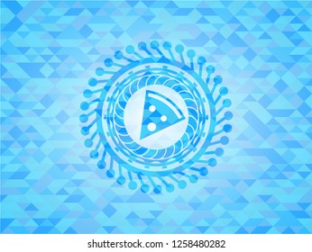 pizza slice icon inside light blue emblem with mosaic ecological style background