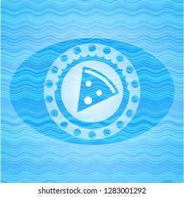 pizza slice icon inside light blue water wave emblem.