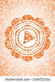 pizza slice icon inside orange tile background illustration. Square geometric mosaic seamless pattern with emblem inside.