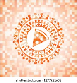 pizza slice icon inside orange mosaic emblem with background