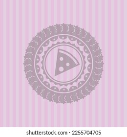 pizza slice icon inside pink emblem. Retro. Detailed design. 
