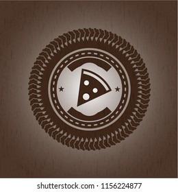 pizza slice icon inside realistic wooden emblem