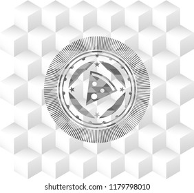 pizza slice icon inside realistic grey emblem with geometric cube white background
