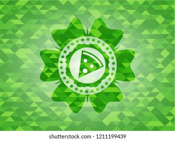 pizza slice icon inside realistic green mosaic emblem