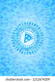 pizza slice icon inside realistic sky blue emblem. Mosaic background