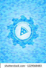 pizza slice icon inside realistic light blue emblem. Mosaic background