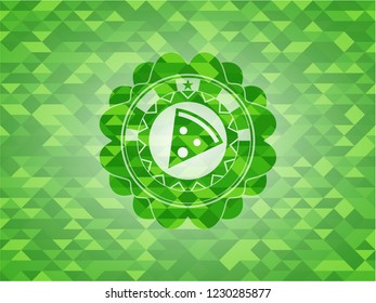 pizza slice icon inside realistic green emblem. Mosaic background