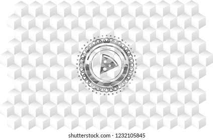 pizza slice icon inside realistic grey emblem with cube white background