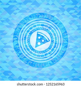 pizza slice icon inside realistic sky blue mosaic emblem