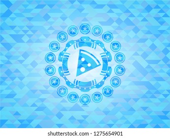 pizza slice icon inside realistic sky blue emblem. Mosaic background