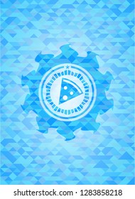 pizza slice icon inside realistic sky blue emblem. Mosaic background