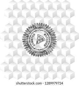 pizza slice icon inside realistic grey emblem with geometric cube white background