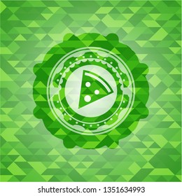 pizza slice icon inside realistic green emblem. Mosaic background