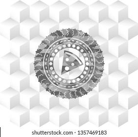 pizza slice icon inside realistic grey emblem with cube white background