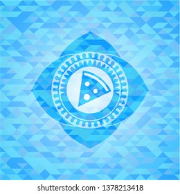 pizza slice icon inside realistic sky blue mosaic emblem