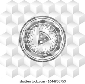 pizza slice icon inside realistic grey emblem with cube white background