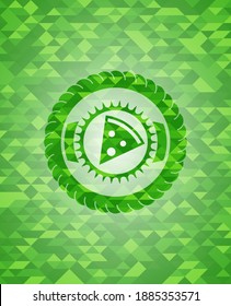 pizza slice icon inside realistic green mosaic emblem. 