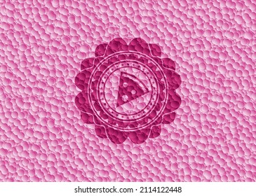pizza slice icon inside realistic pink emblem with bubbles background. Vector Illustration. Detailed. 