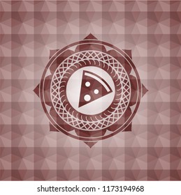 pizza slice icon inside red seamless emblem with geometric background.