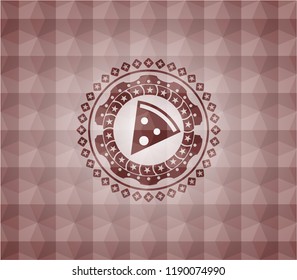 pizza slice icon inside red seamless geometric pattern emblem. Seamless.