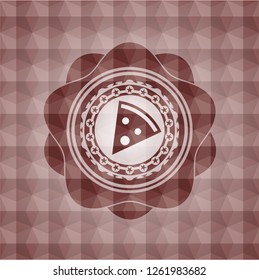 pizza slice icon inside red emblem with geometric pattern. Seamless.